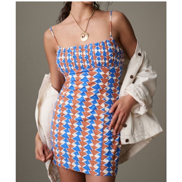 Anthropologie Maeve Ophelia Linen Mini Dress Blue Orange Motif 14 NWT